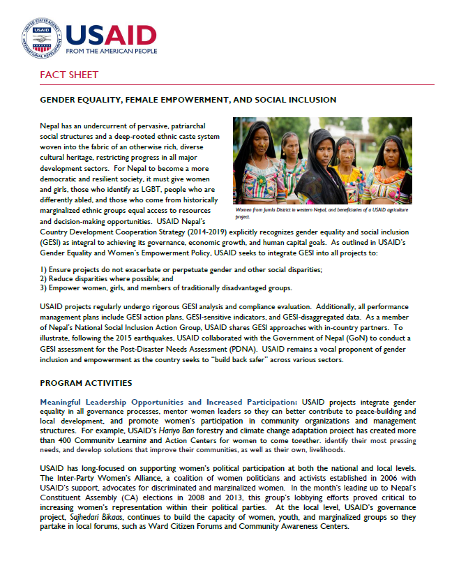 Fact Sheet: GENDER EQUALITY, FEMALE EMPOWERMENT, AND SOCIAL INCLUSION ...